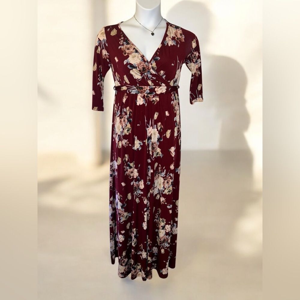 PinkBlush Maternity Boho Womens Burgundy Floral Wrap Maxi Dress with 3/4 Sleeves